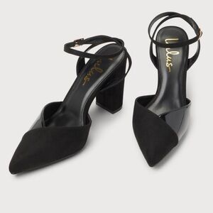 Black Suede Pointed-Toe Ankle Strap Pumps